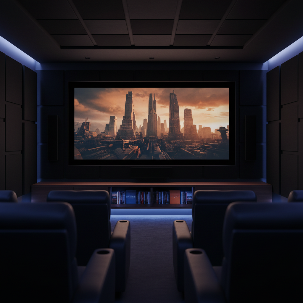 A sleek, modern home theater setup with a large, wall-mounted ultra-wide screen paused on a dramatic movie frame, surrounded by matte-black acoustic panels and slim, minimalist speakers. Below, a low walnut media console holds neatly stacked Blu-ray cases, their colorful spines just legible. Soft, dimmable LED strip lights run along the baseboards and behind the screen, casting a cool, cinematic glow that gently illuminates the room. Shot at eye level from the back row of plush, dark charcoal recliner seats, with a shallow depth of field that keeps the screen sharp while the foreground softens. The mood is focused and professional, evoking serious film appreciation in a clean, photographic realism style.