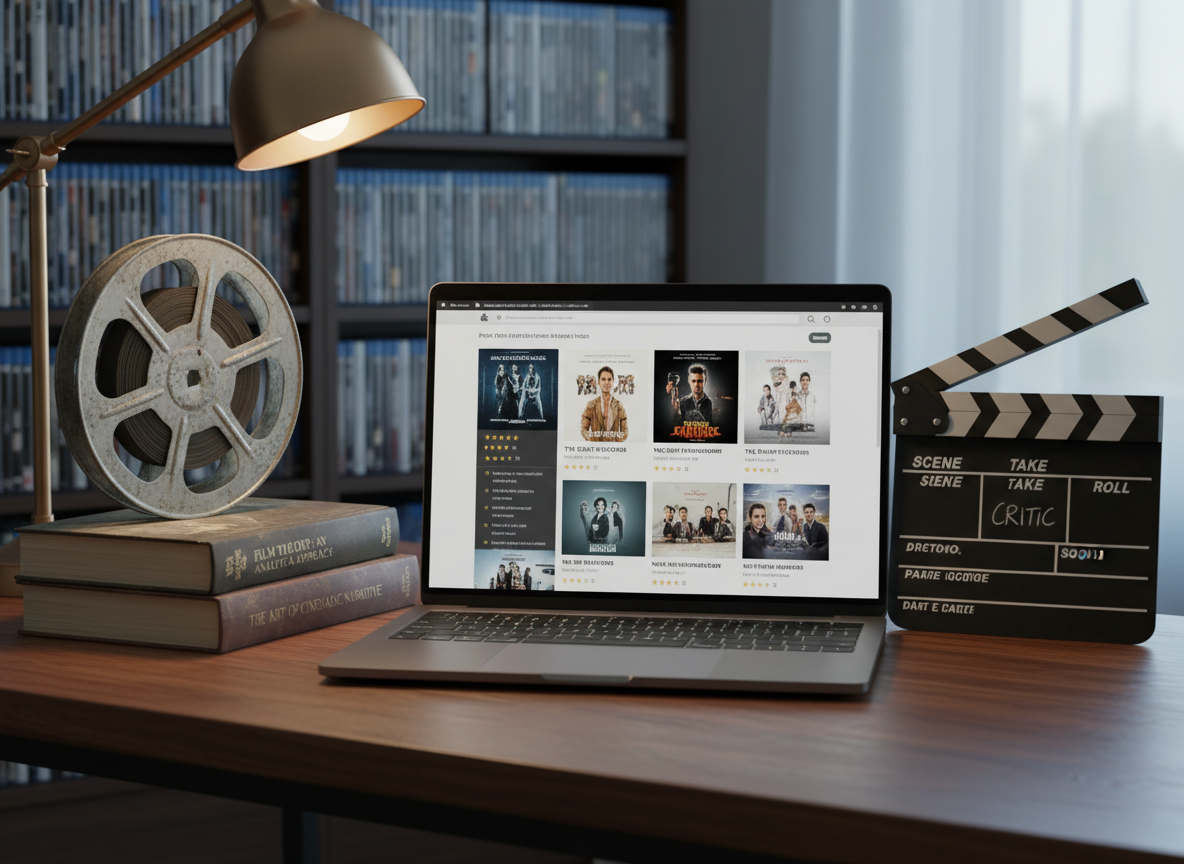 A polished wooden desk with a high-resolution laptop open to a movie blog homepage, the screen displaying neat article cards with film posters and star ratings. Around the laptop sit a vintage metal film reel, a stack of well-worn hardcover film theory books, and a small, classic slate clapperboard angled toward the camera. Warm desk lamp light pools across the workspace, contrasting with cool, faint daylight from an unseen window, creating balanced, studio-like lighting. Captured from a slightly elevated three-quarter angle, with subtle bokeh on the background bookshelf lined with organized Blu-rays. The atmosphere is analytical yet inviting, reflecting a professional movie critic’s tidy, photographic realism workspace.
